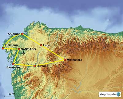 Die Karte der Mietwagenrundreise durch Galicien in Spanien, dem Ziel des Jakobsweges